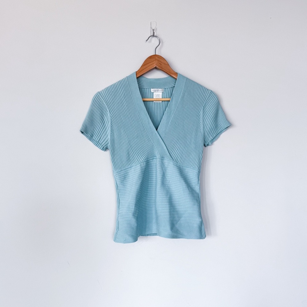 Worthington Light Blue Ribbed Stretch Cross Front Short Sleeve Blouse VTG Y2K